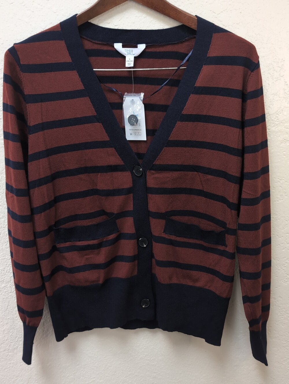 Time And Tru Rust Brown-navy Striped V-neck Cardigan Sweater. Size Large